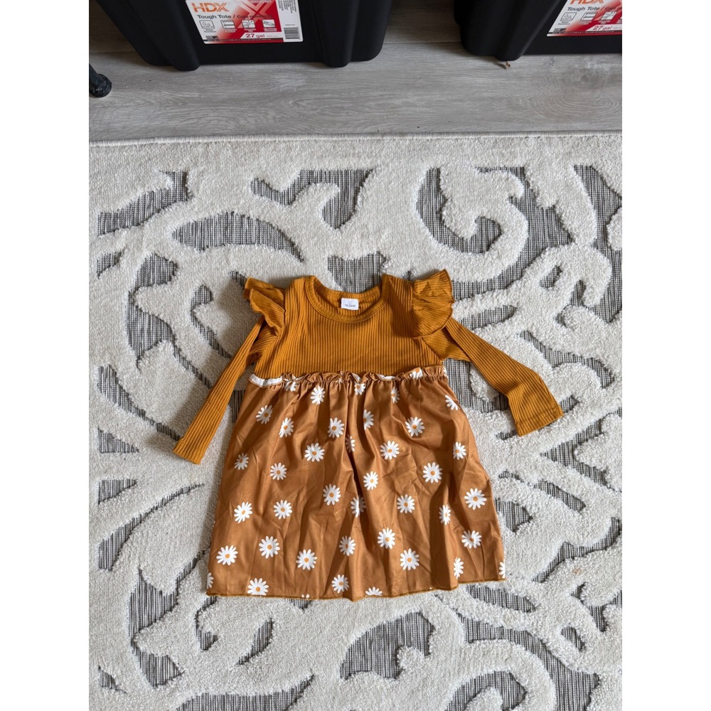 Toddler Girl Mustard‎ Yellow Ribbed Daisy Floral Flutter Sleeve Dress 18-24M